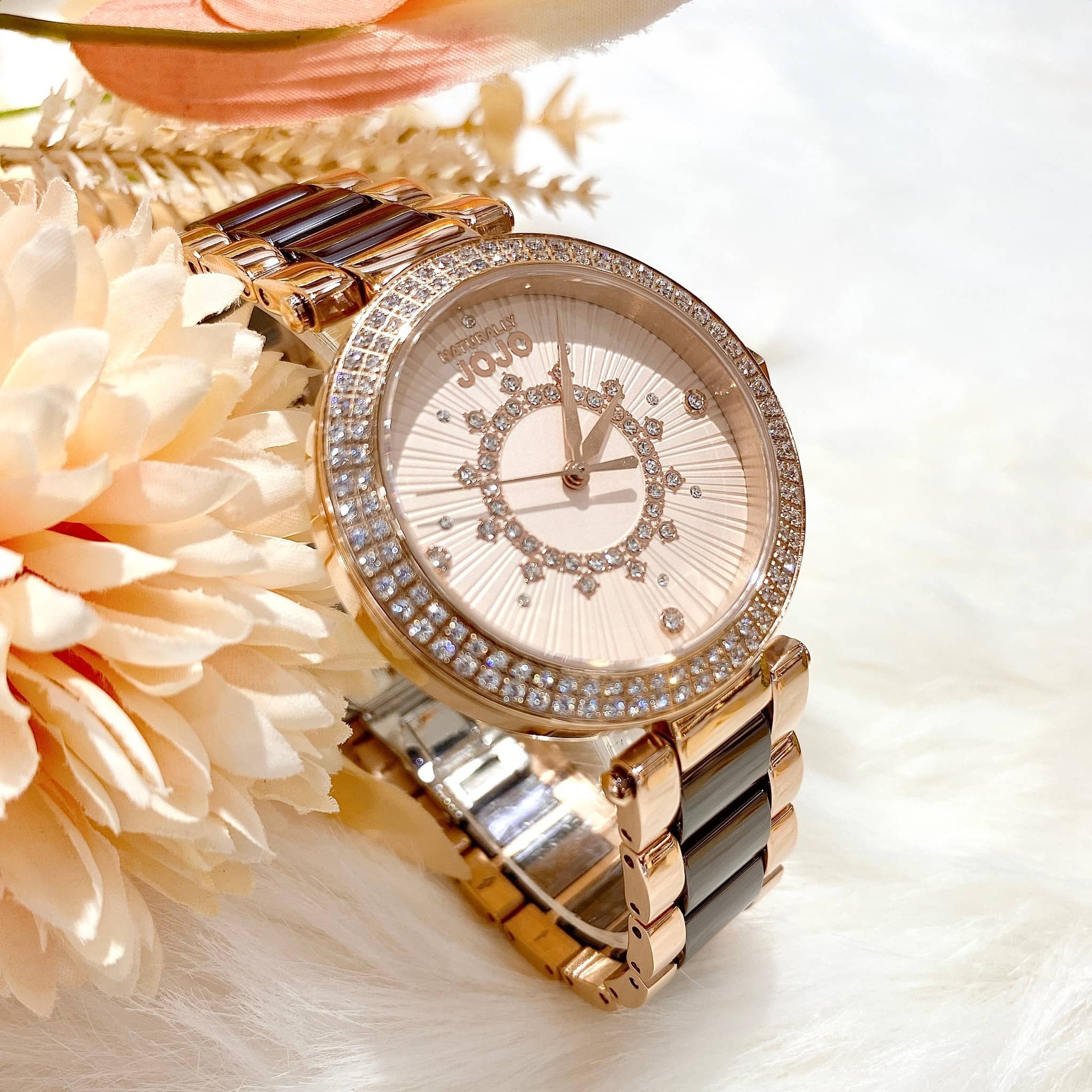 【NATURALLY JOJO】奢華晶鑽 (玫X咖) 半陶瓷腕錶 JO96984-13R 37mm 現代鐘錶