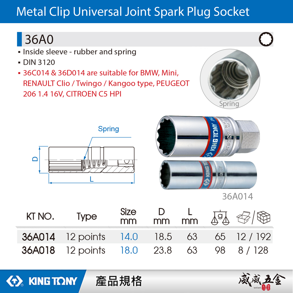 KING TONY 金統立｜12角彈簧 3/8" 三分 3分十二角彈簧火星塞套筒｜36A014 36A018