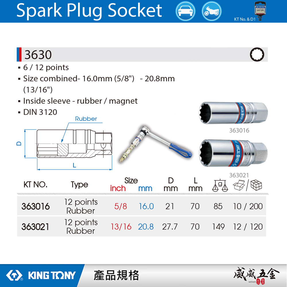 KING TONY 金統立｜手動套筒｜3/8" 三分 3分 十二角膠套火星塞套筒｜363016 363021