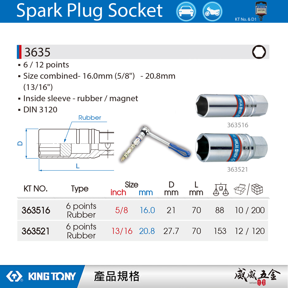 KING TONY 金統立｜手動套筒｜3/8" 三分 3分 六角膠套火星塞套筒｜363516 363521