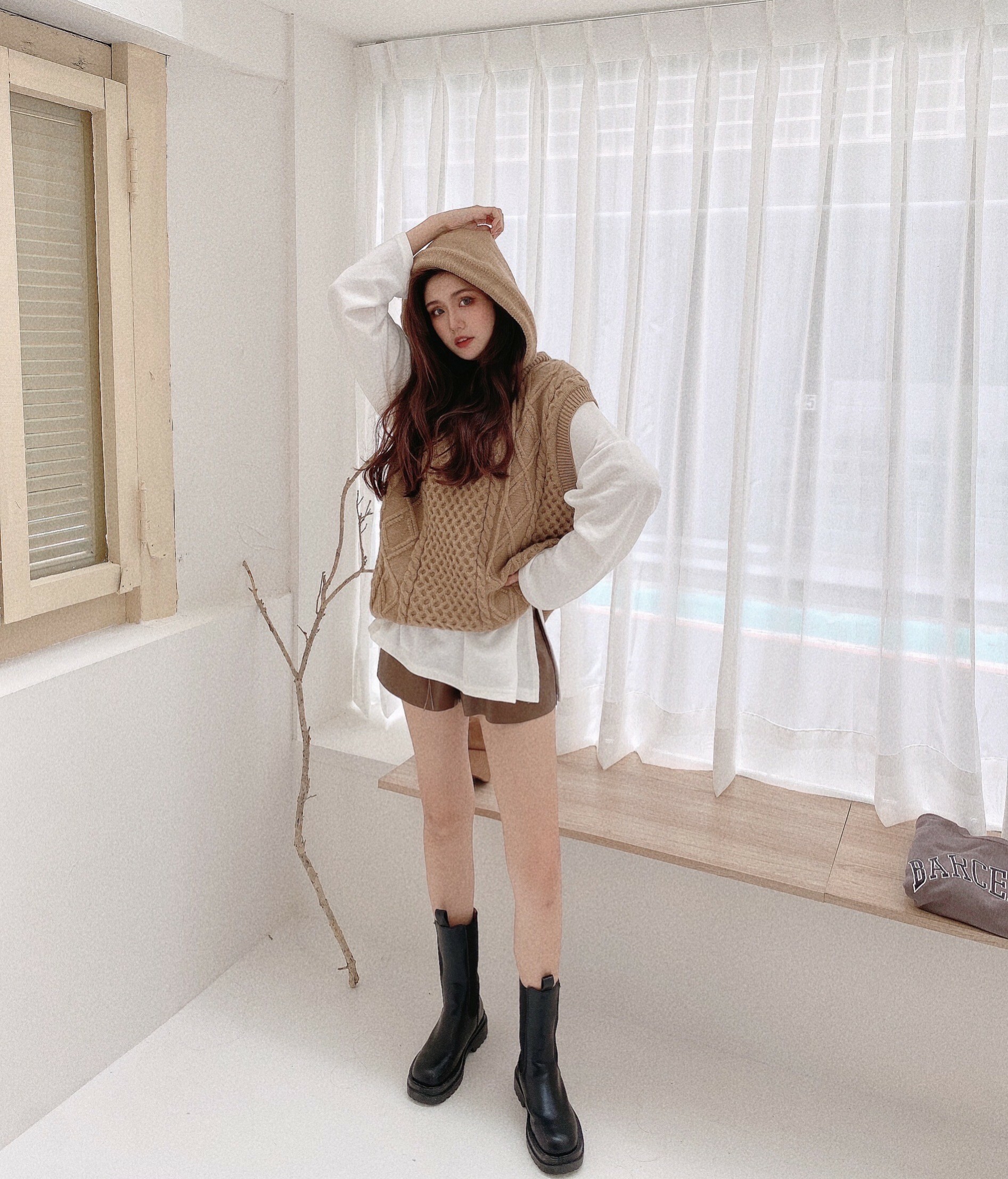 重磅麻花針織連帽背心/三色