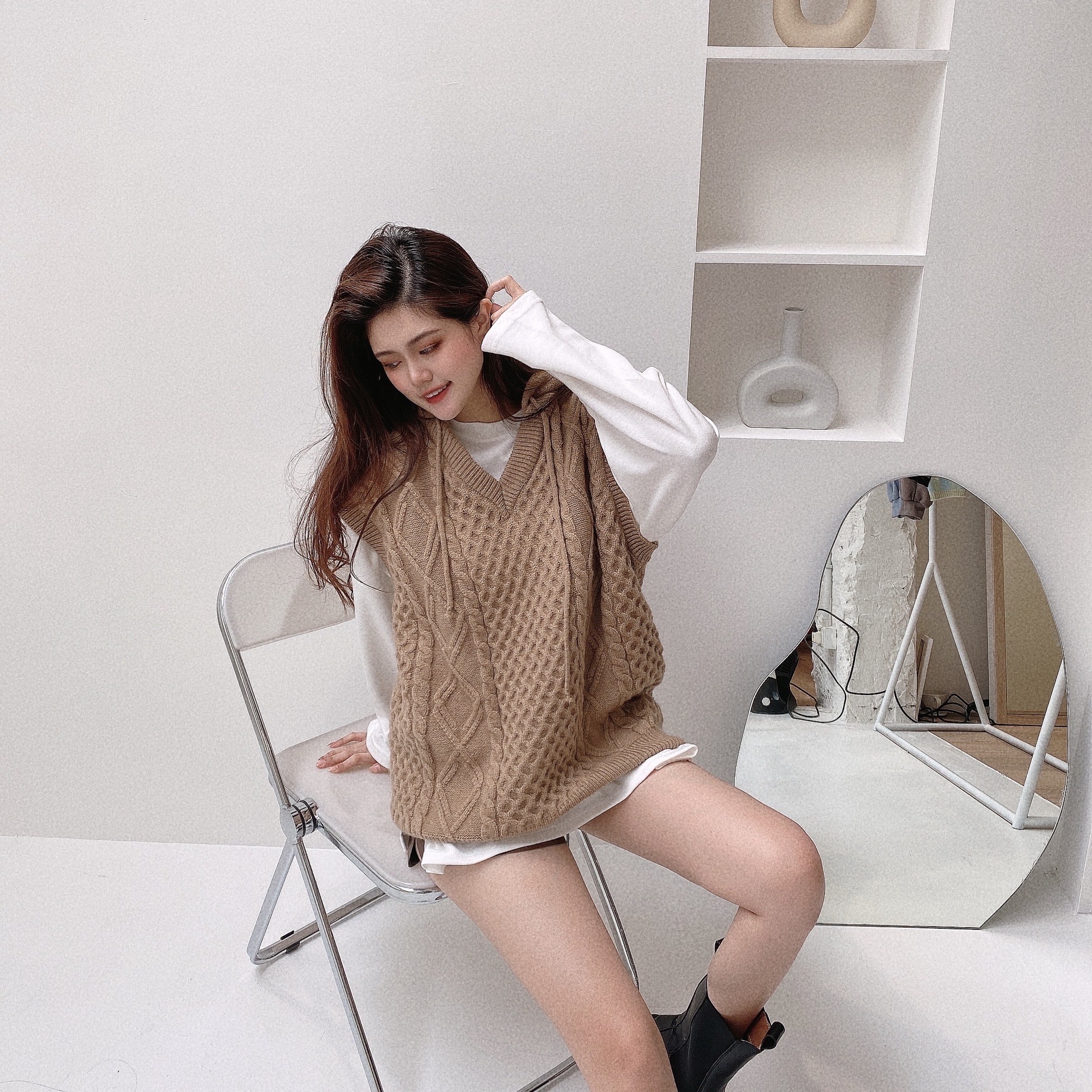 重磅麻花針織連帽背心/三色