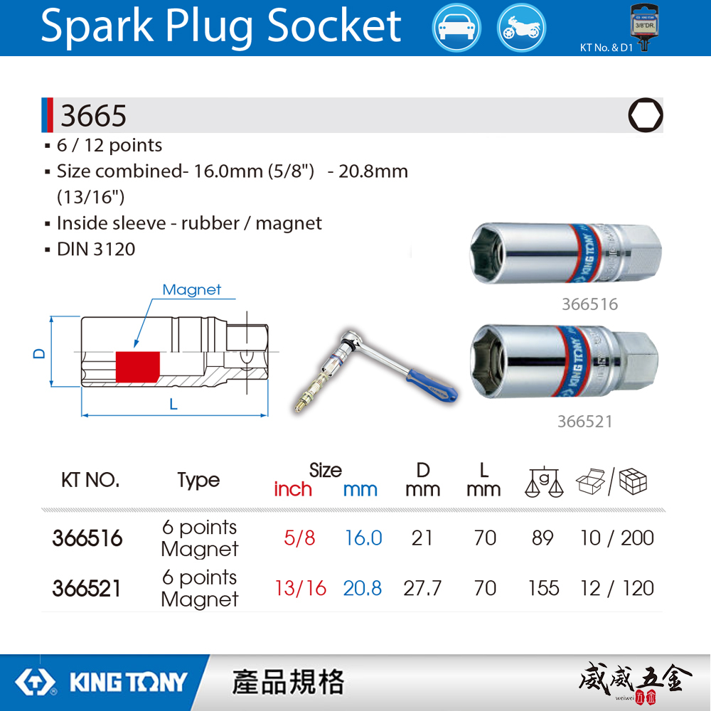 KING TONY 金統立｜六角磁性 3/8" 三分 3分 六角磁性火星塞套筒｜366516 366521｜台灣製｜公司貨