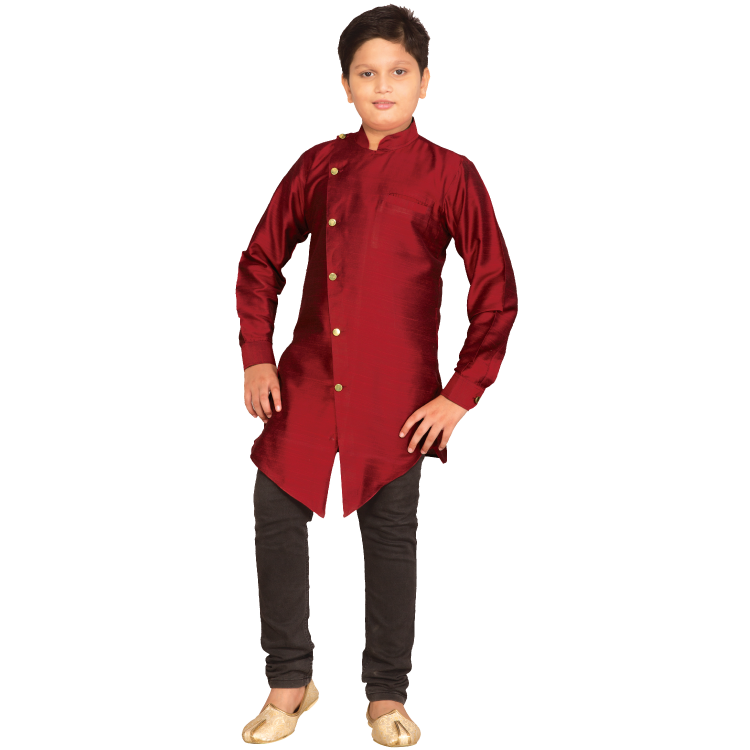 Boy Red Raw Silk Look With Cotton Lining Side Button Long sleeves Kurta top Jippa Q1222