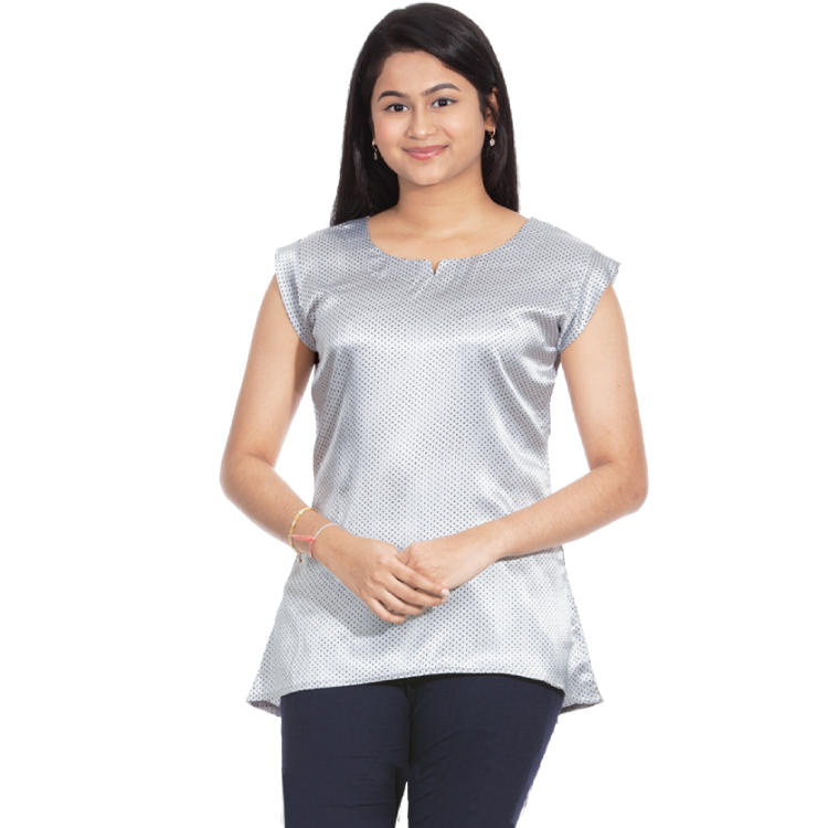 Women White Satin Polka Dot Ironless Easy Care Kurti Top Q1238