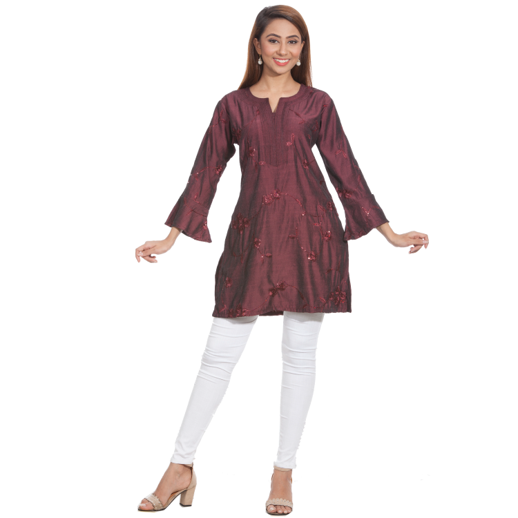 Women maroon Comfy koshibo Sequins Easy Care Ruffle Long Sleeves Kurti Top Q1249