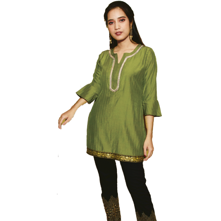 Women Olive Green Comfy Koshibo Ironless Easy Care Ruffle Long Sleeves Kurti Top Q1254