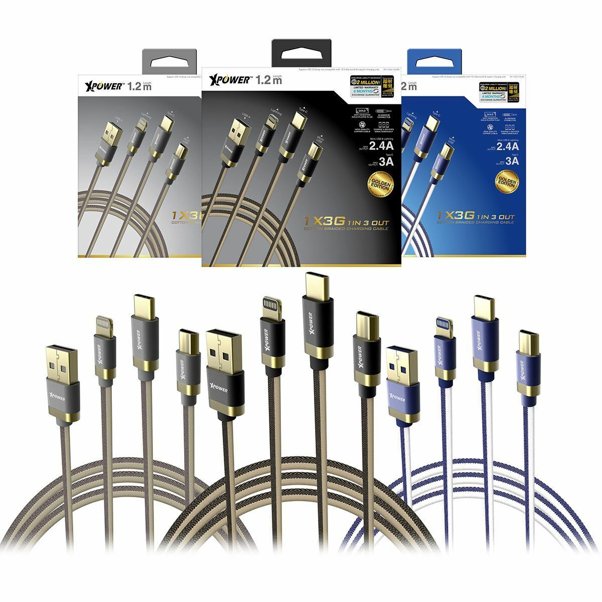 XPower 1.2米 1X3G 鍍金1出3高速充電編織線
