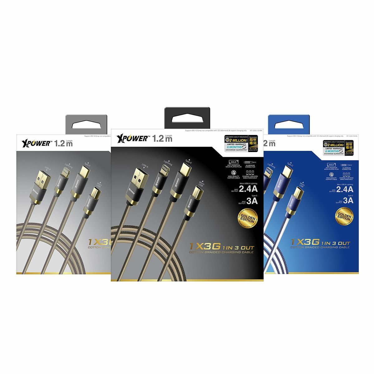 XPower 1.2米 1X3G 鍍金1出3高速充電編織線