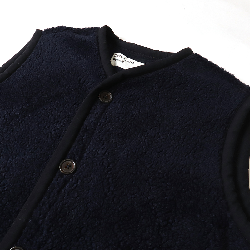Universal Works Lancaster Gilet in Navy Mountain Fleece