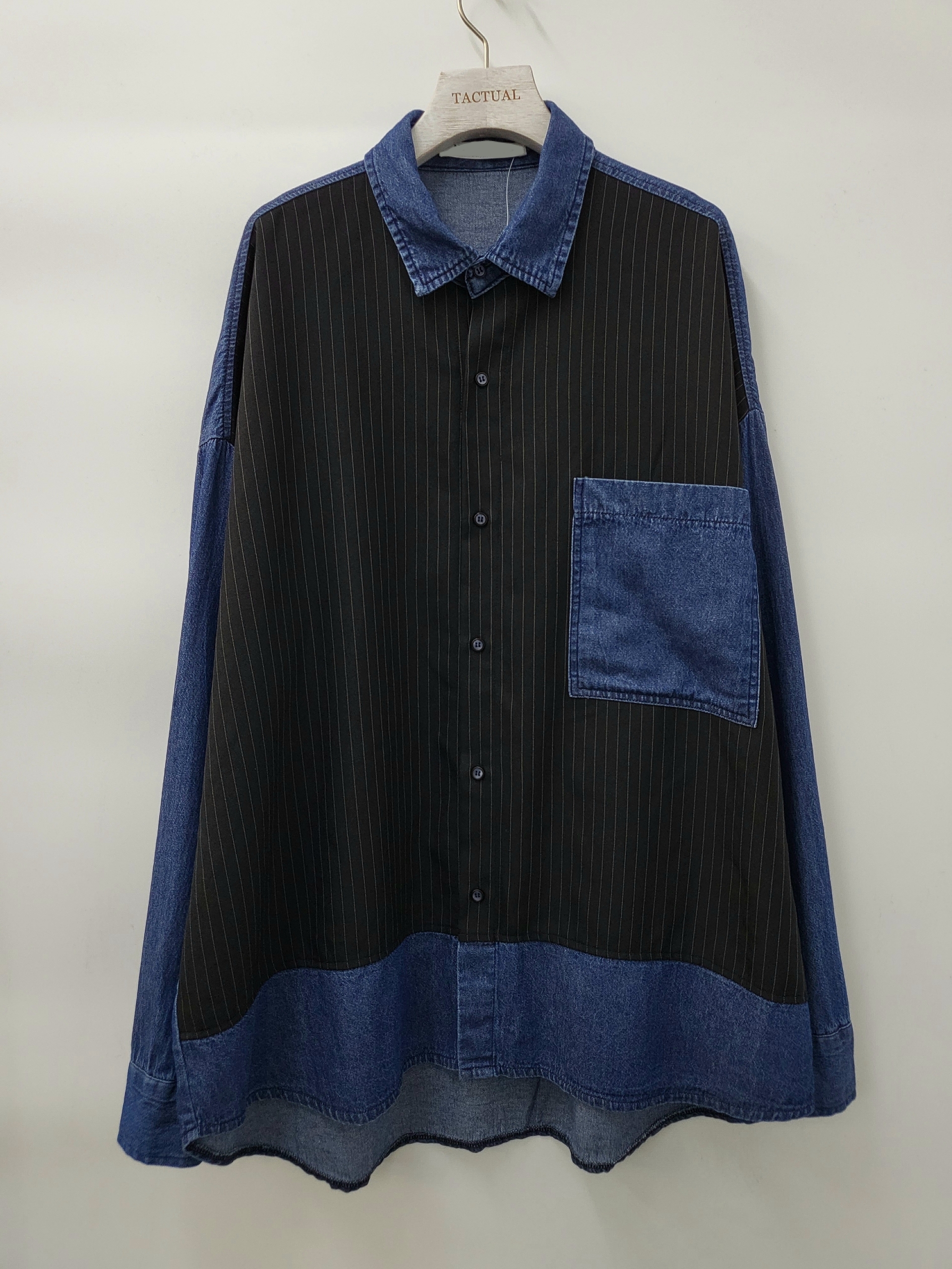 牛仔拼直紋長袖恤衫 S1658