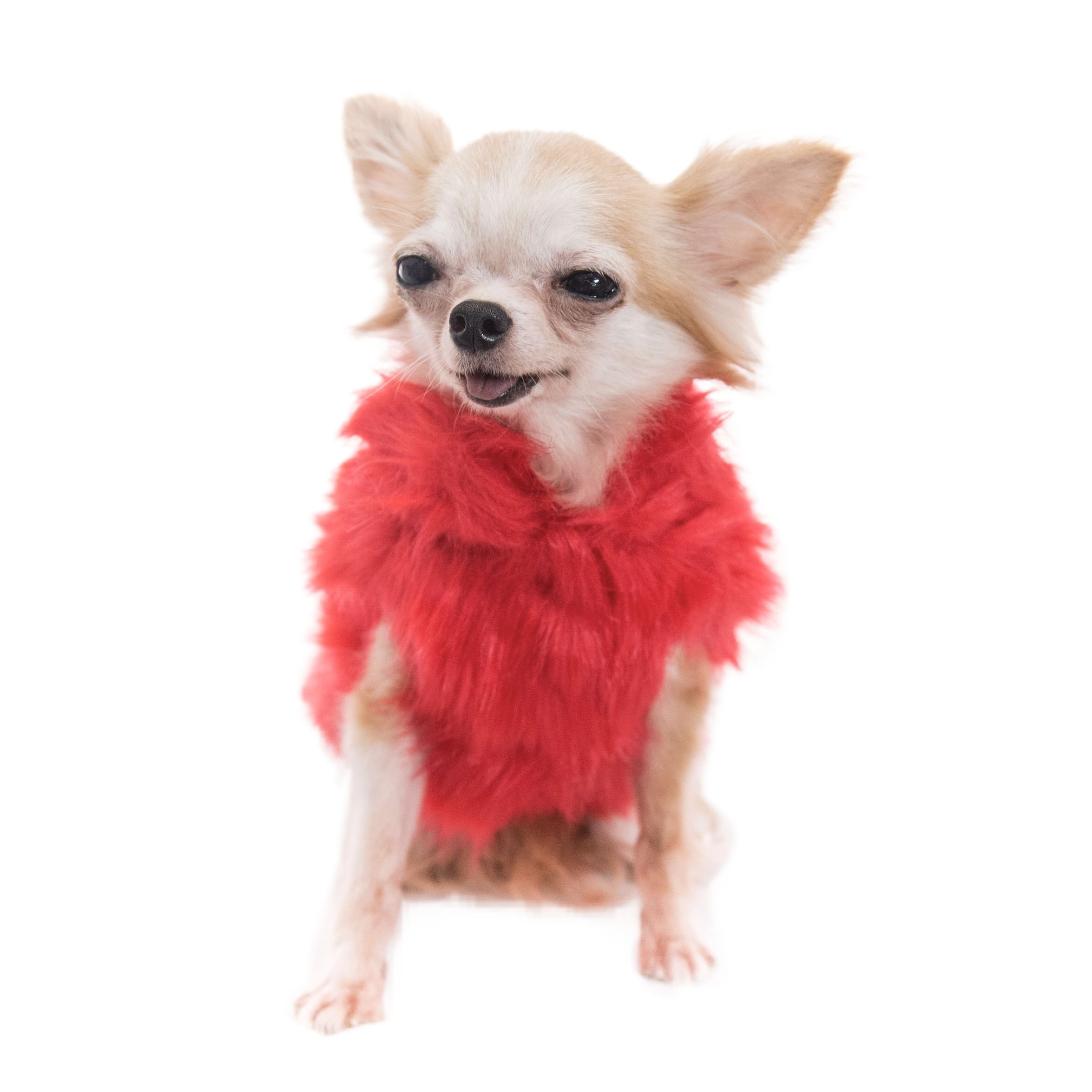 red shaggy faux fur coat