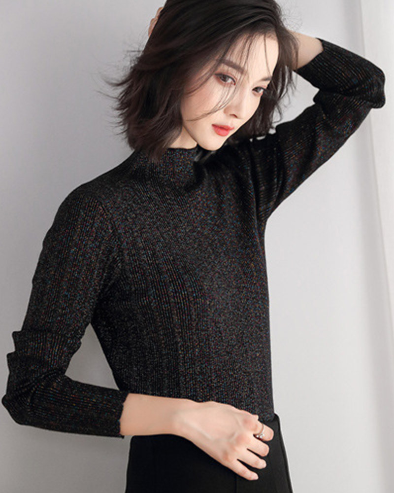 DEER.W 半高領坑條金絲針織上衣 黑色