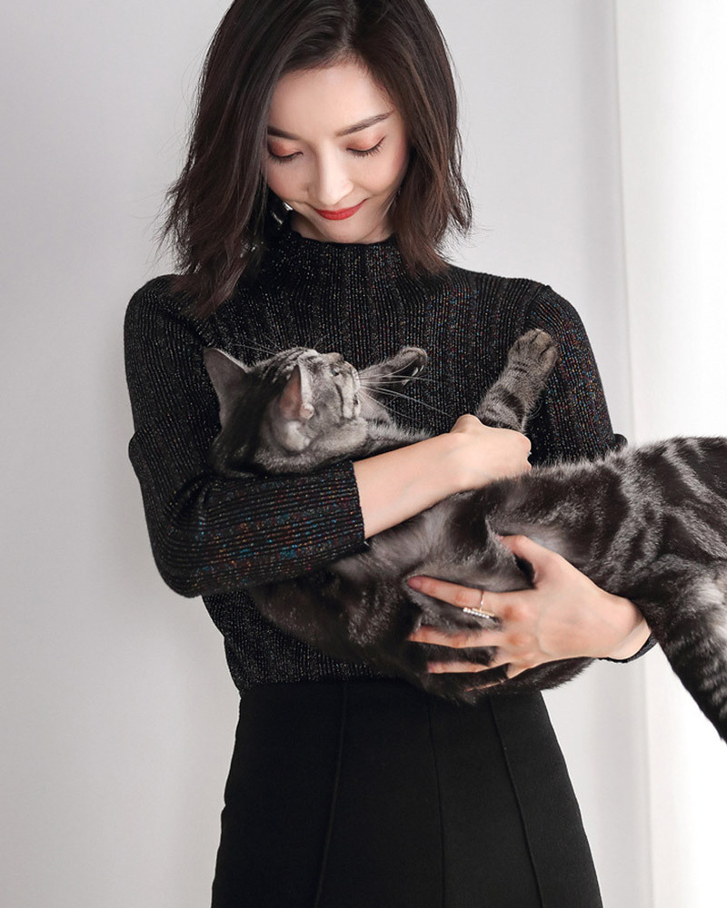 DEER.W 半高領坑條金絲針織上衣 黑色