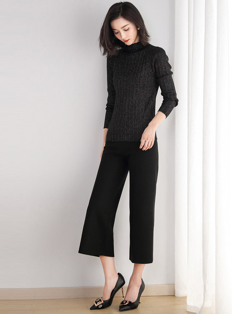 DEER.W 半高領坑條金絲針織上衣 黑色