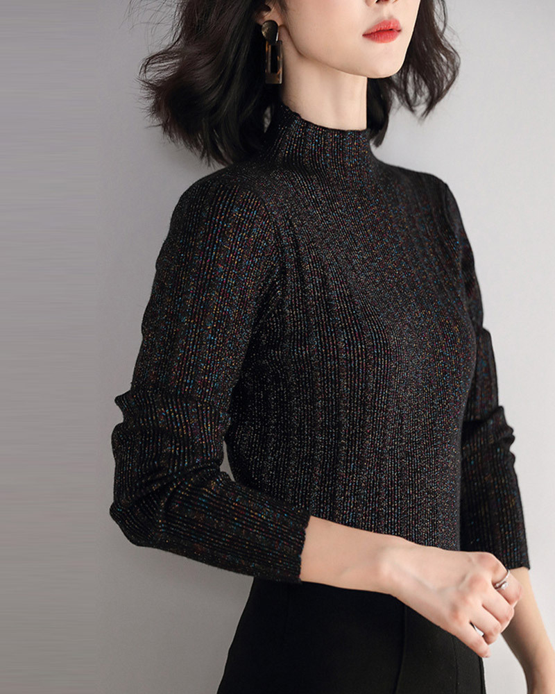 DEER.W 半高領坑條金絲針織上衣 黑色