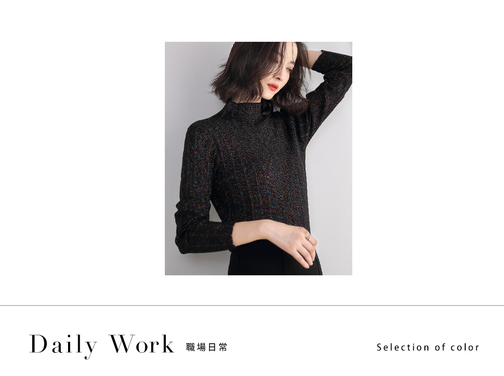 DEER.W 半高領坑條金絲針織上衣 黑色