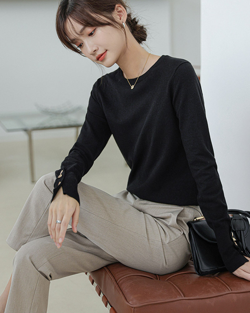 DEER.W 圓領純色金釦針織上衣 黑色