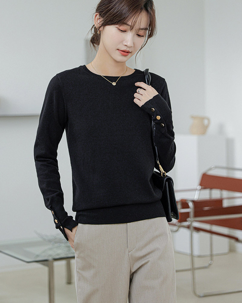DEER.W 圓領純色金釦針織上衣 黑色