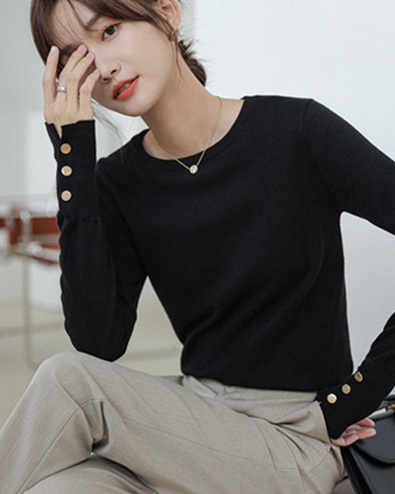 DEER.W 圓領純色金釦針織上衣 黑色