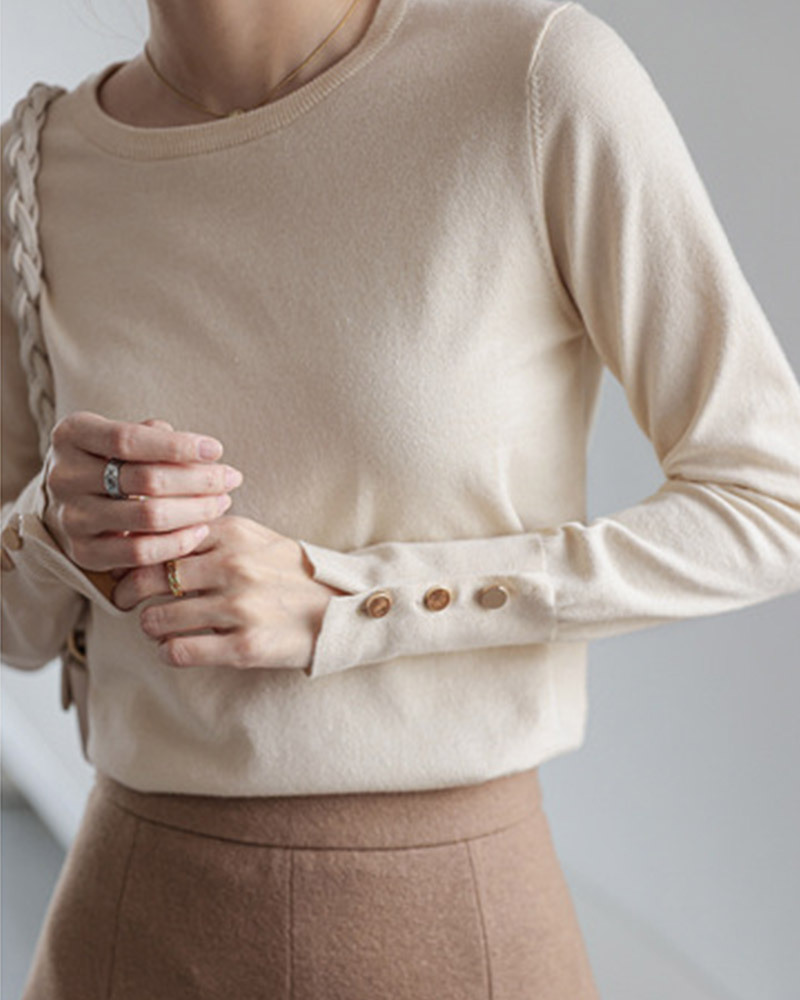 DEER.W 圓領純色金釦針織上衣 杏色