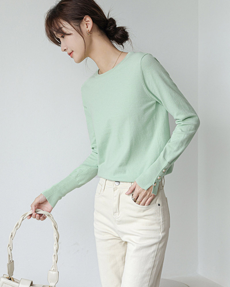 DEER.W 圓領純色金釦針織上衣 綠色