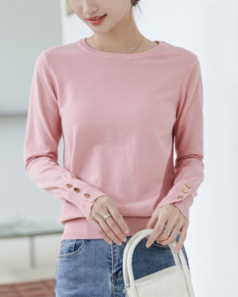 DEER.W 圓領純色金釦針織上衣 粉色