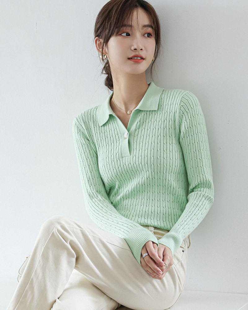 DEER.W POLO領麻花直紋針織上衣 綠色