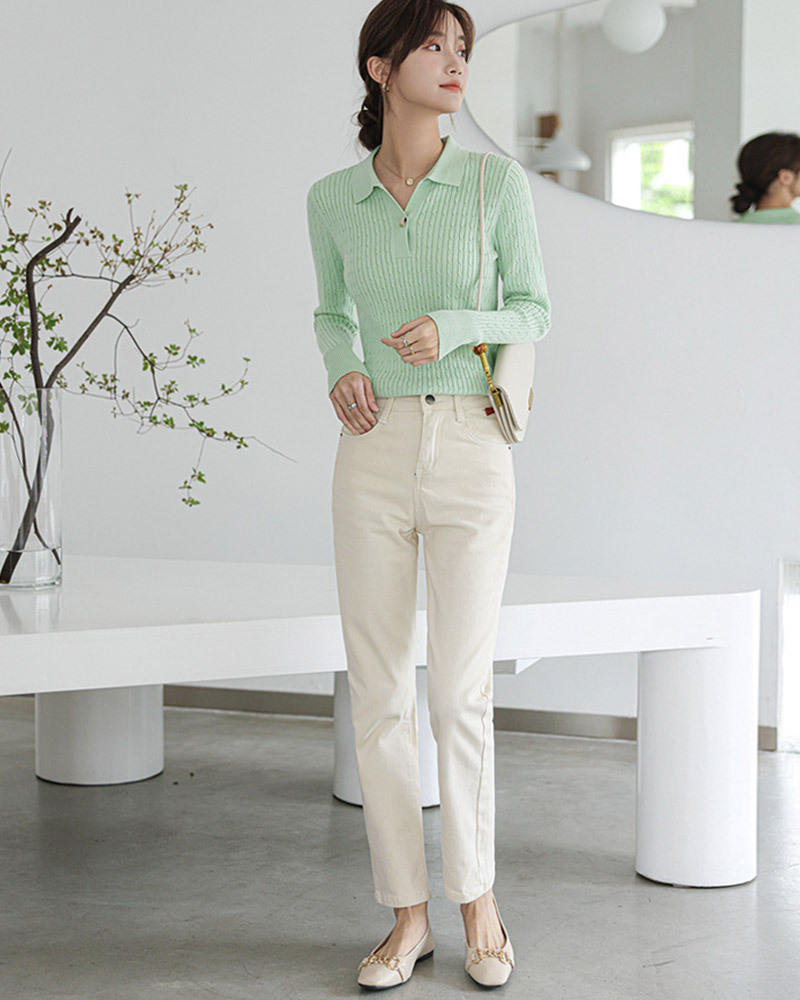 DEER.W POLO領麻花直紋針織上衣 綠色