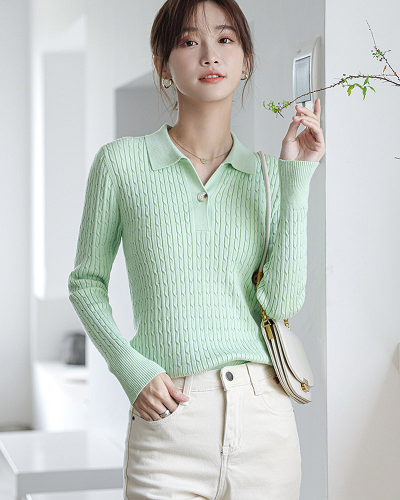 DEER.W POLO領麻花直紋針織上衣 綠色