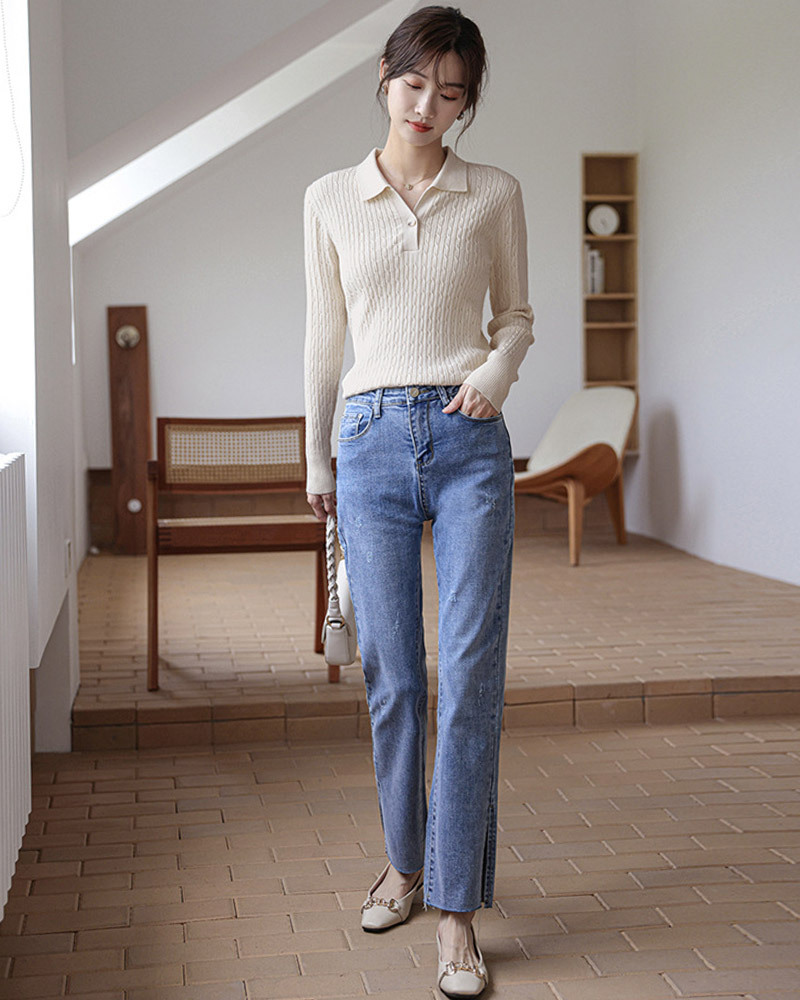 DEER.W POLO領麻花直紋針織上衣 杏色