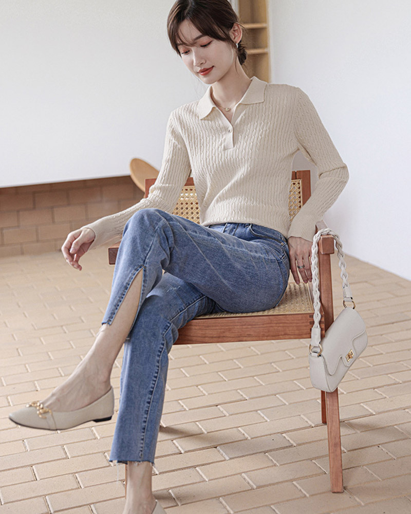 DEER.W POLO領麻花直紋針織上衣 杏色