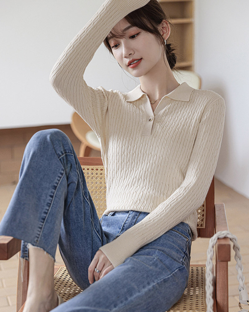 DEER.W POLO領麻花直紋針織上衣 杏色