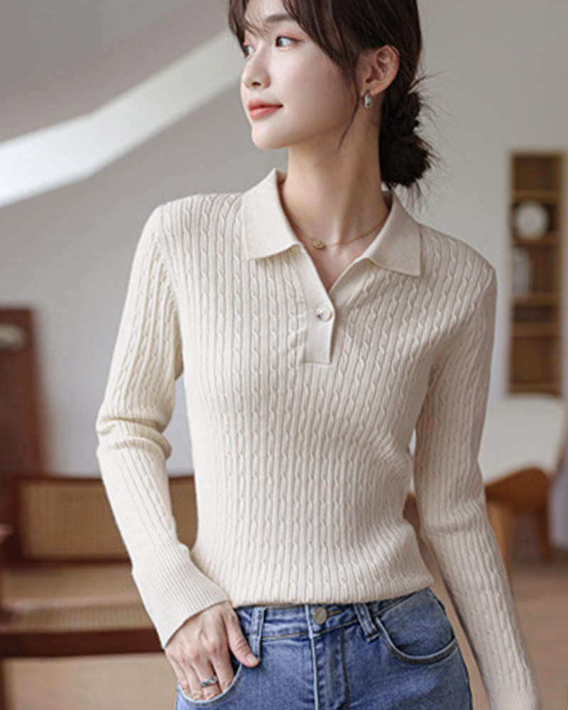 DEER.W POLO領麻花直紋針織上衣 杏色