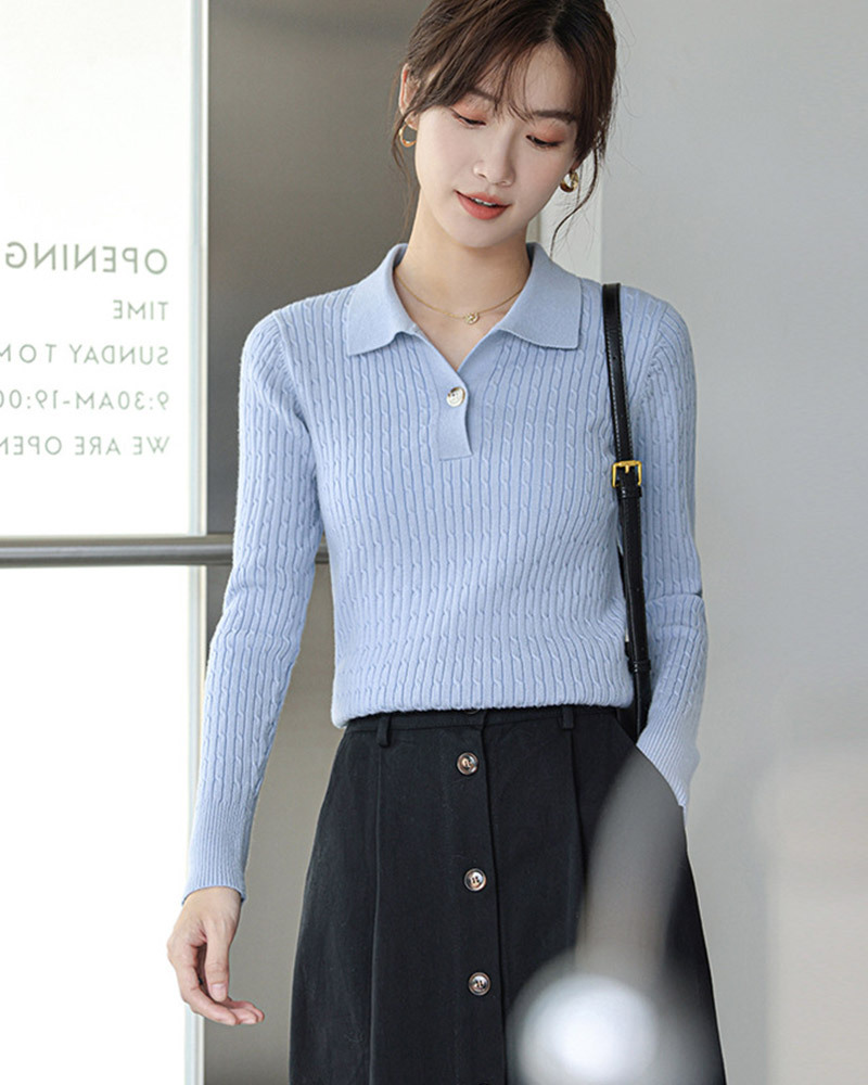 DEER.W POLO領麻花直紋針織上衣 藍色