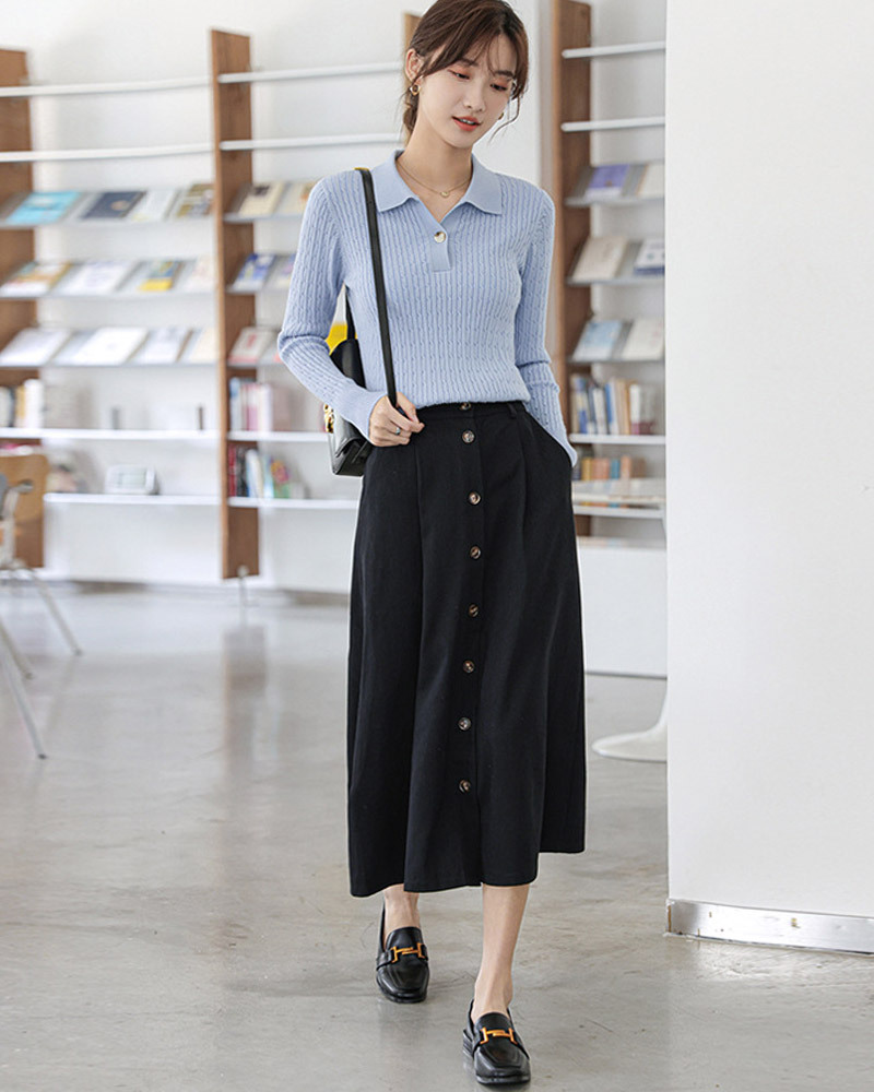 DEER.W POLO領麻花直紋針織上衣 藍色