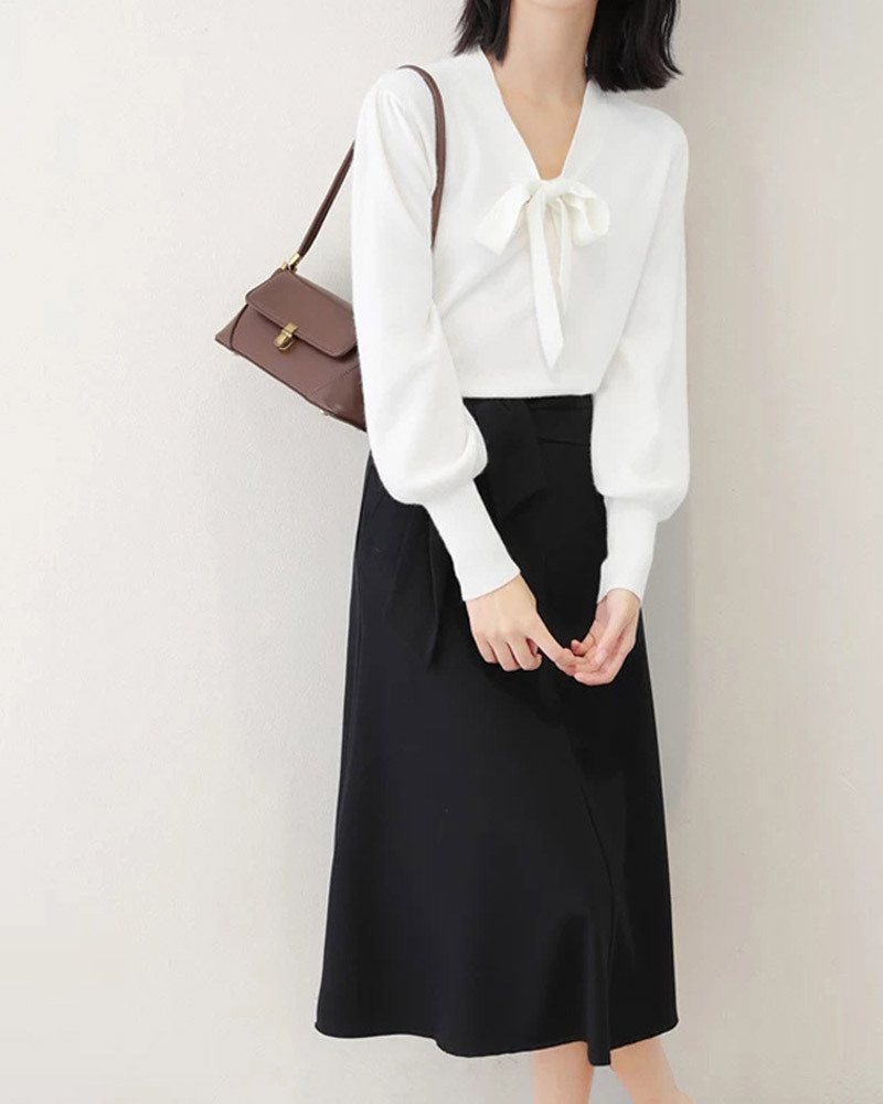 DEER.W 高腰綁帶A字中長裙 黑色