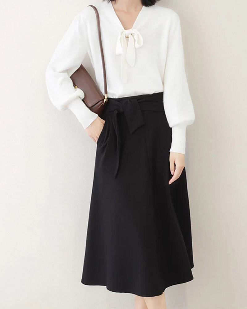 DEER.W 高腰綁帶A字中長裙 黑色