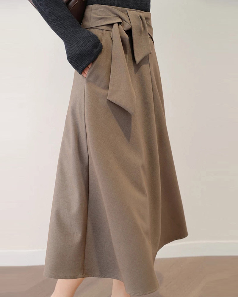 DEER.W 高腰綁帶A字中長裙 咖啡