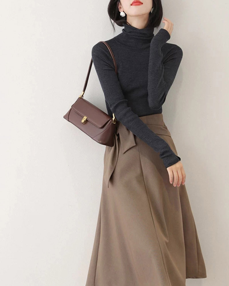 DEER.W 高腰綁帶A字中長裙 咖啡