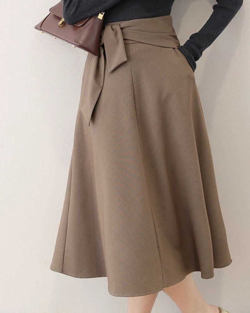 DEER.W 高腰綁帶A字中長裙 咖啡