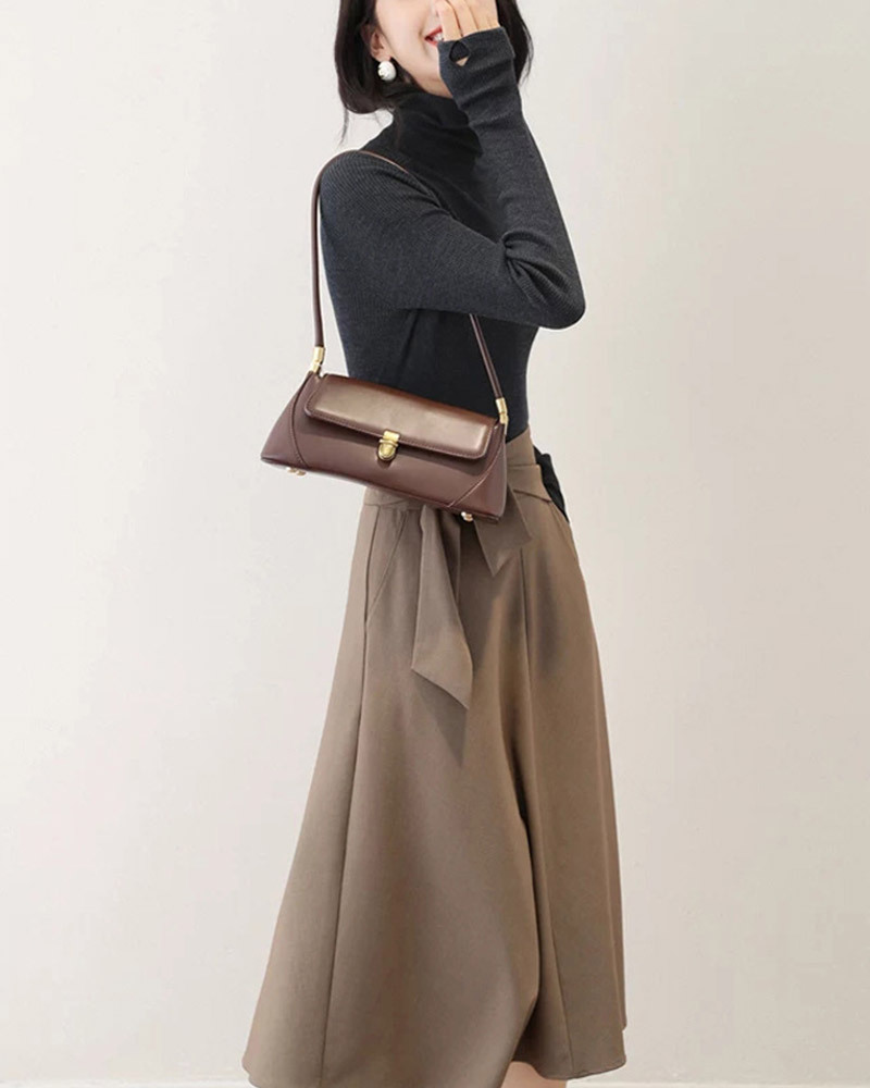 DEER.W 高腰綁帶A字中長裙 咖啡