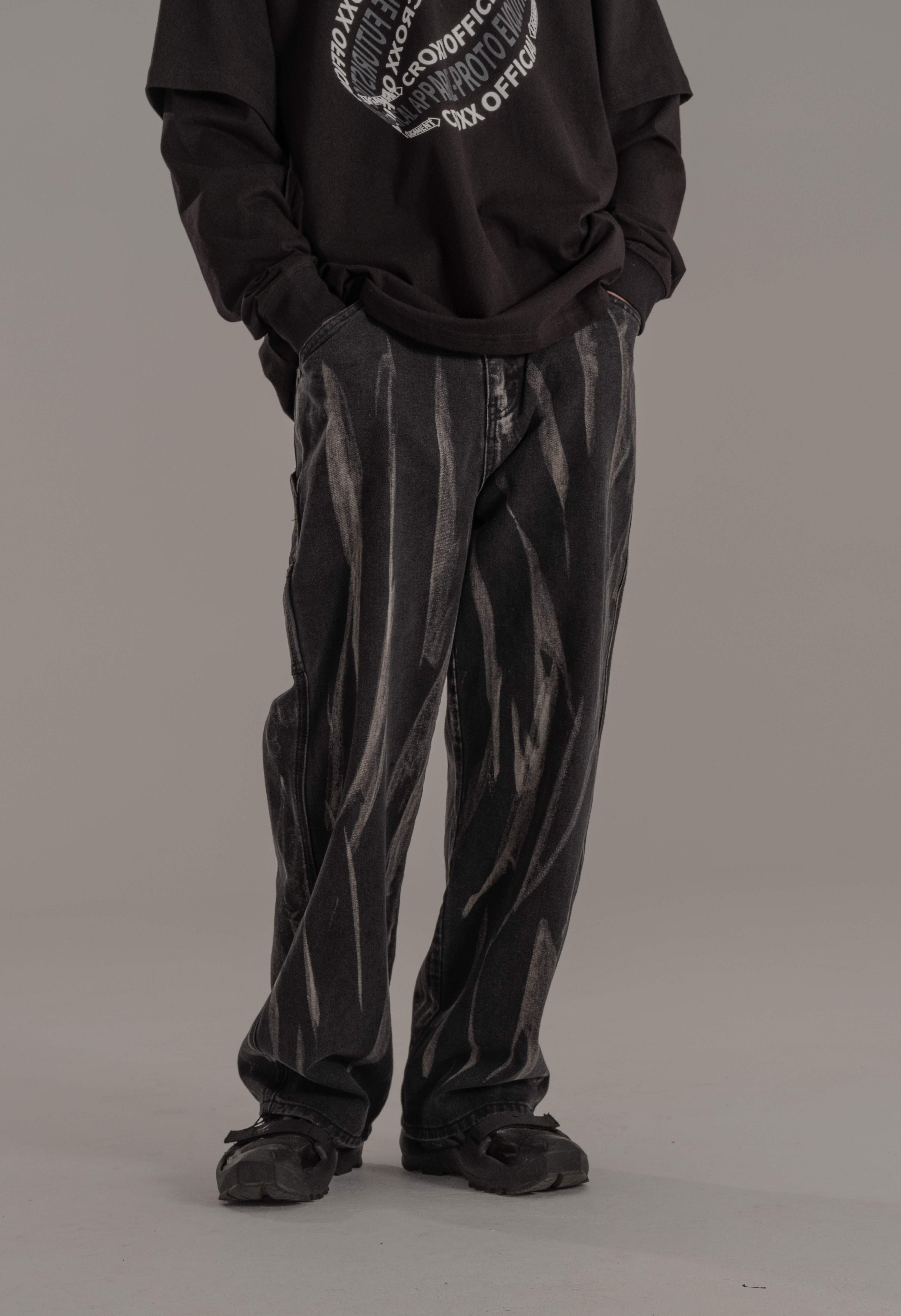 黑灰紮染直筒韓版牛仔長褲