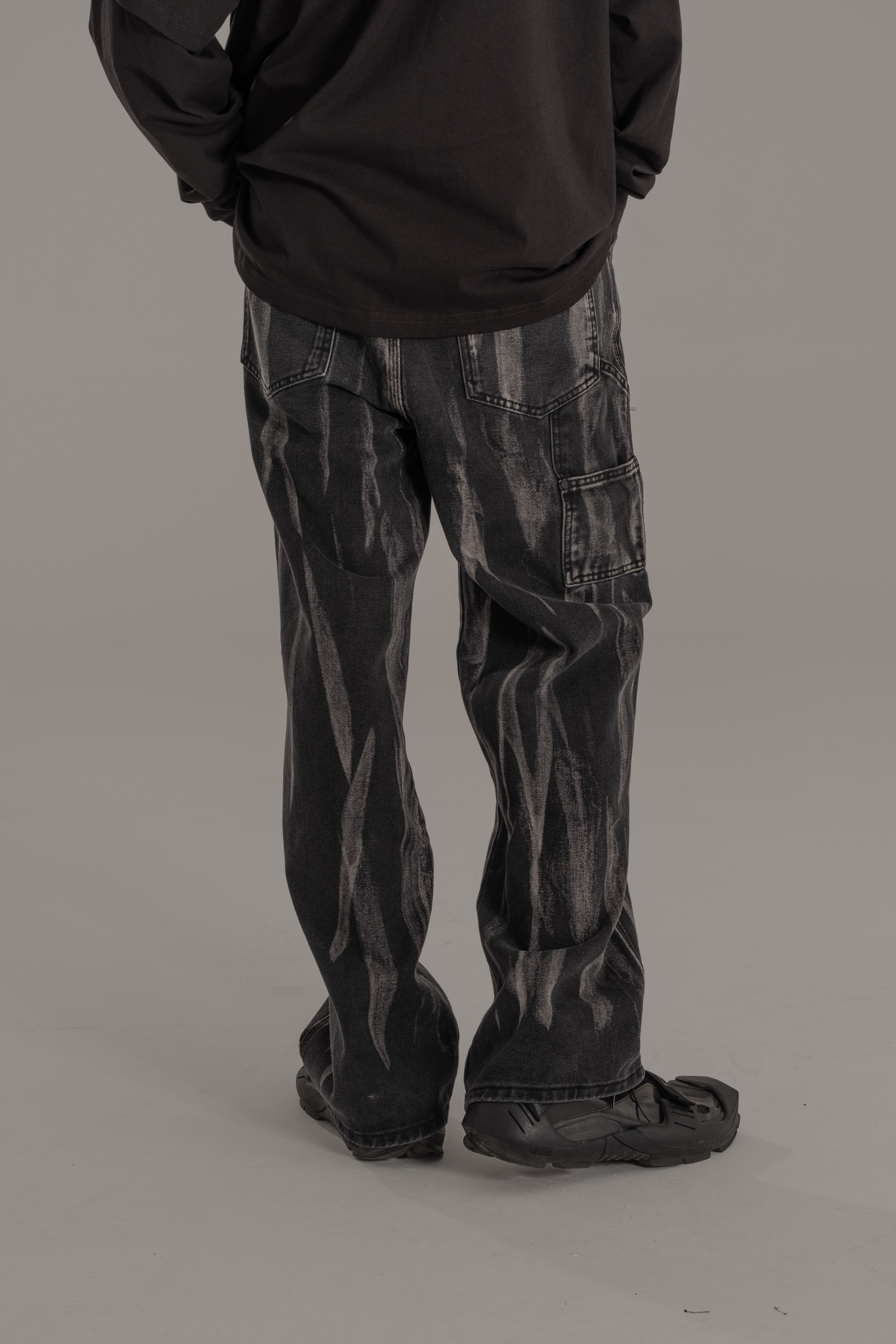 黑灰紮染直筒韓版牛仔長褲