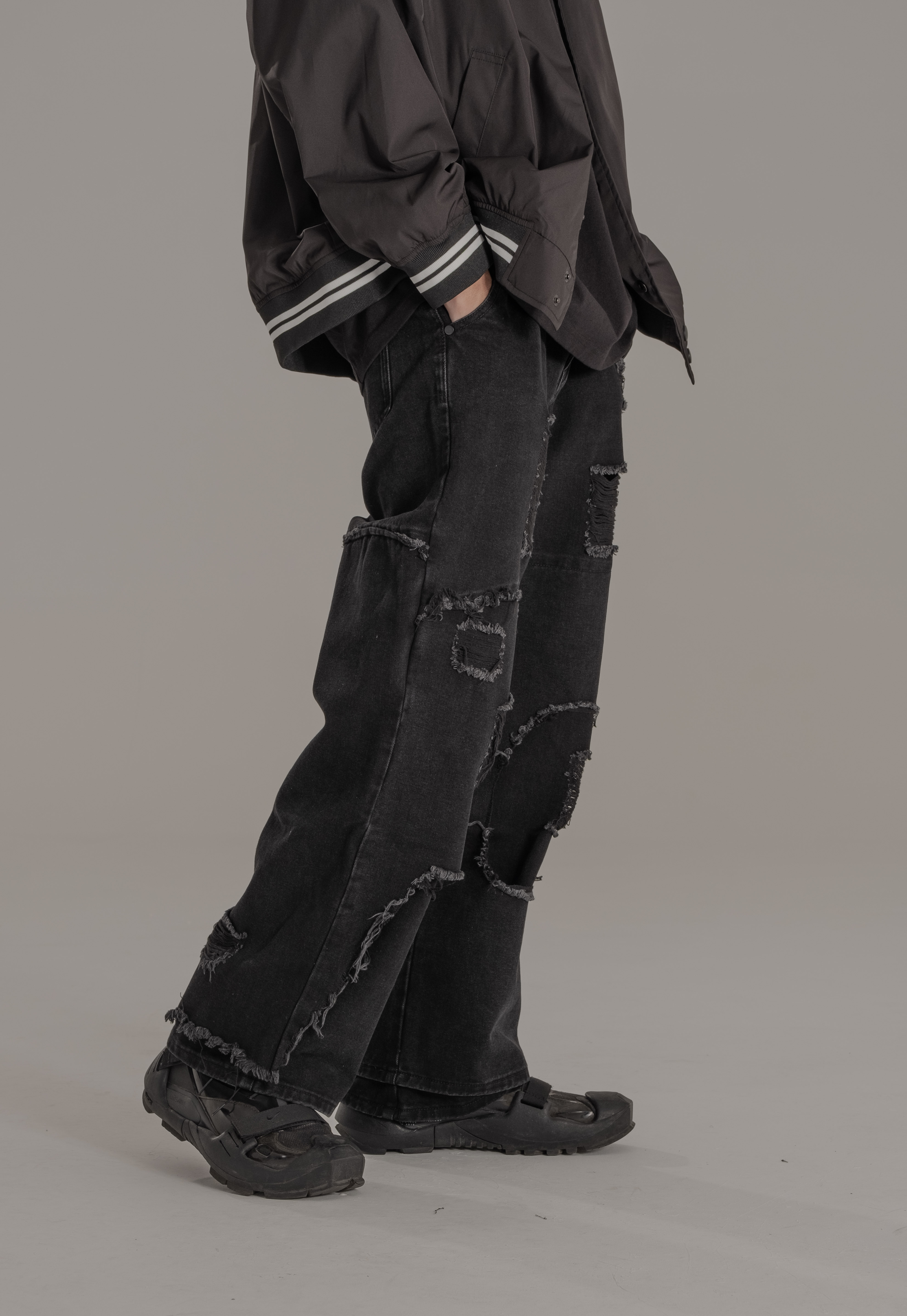 韓版黑色破壞牛仔長褲