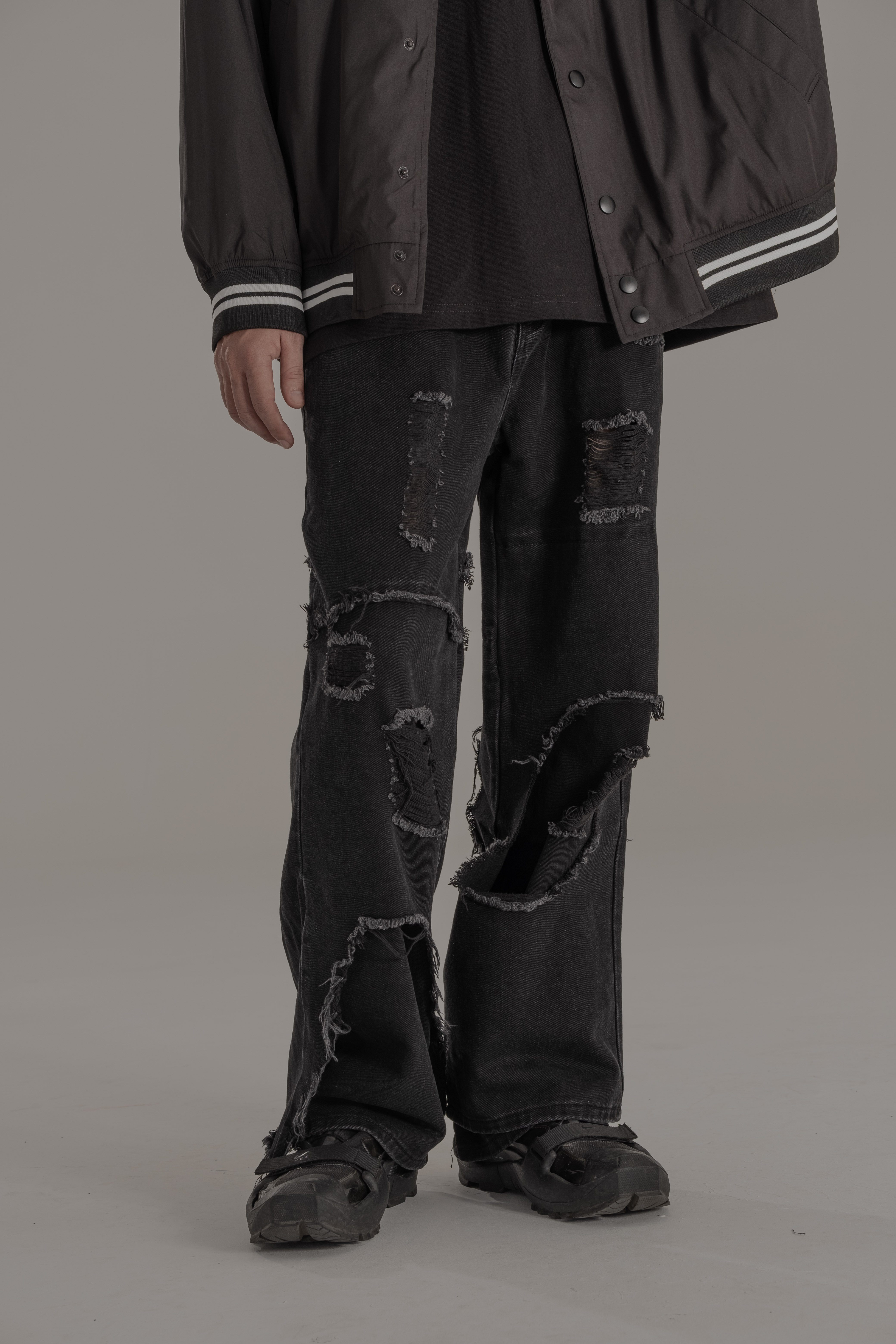 韓版黑色破壞牛仔長褲