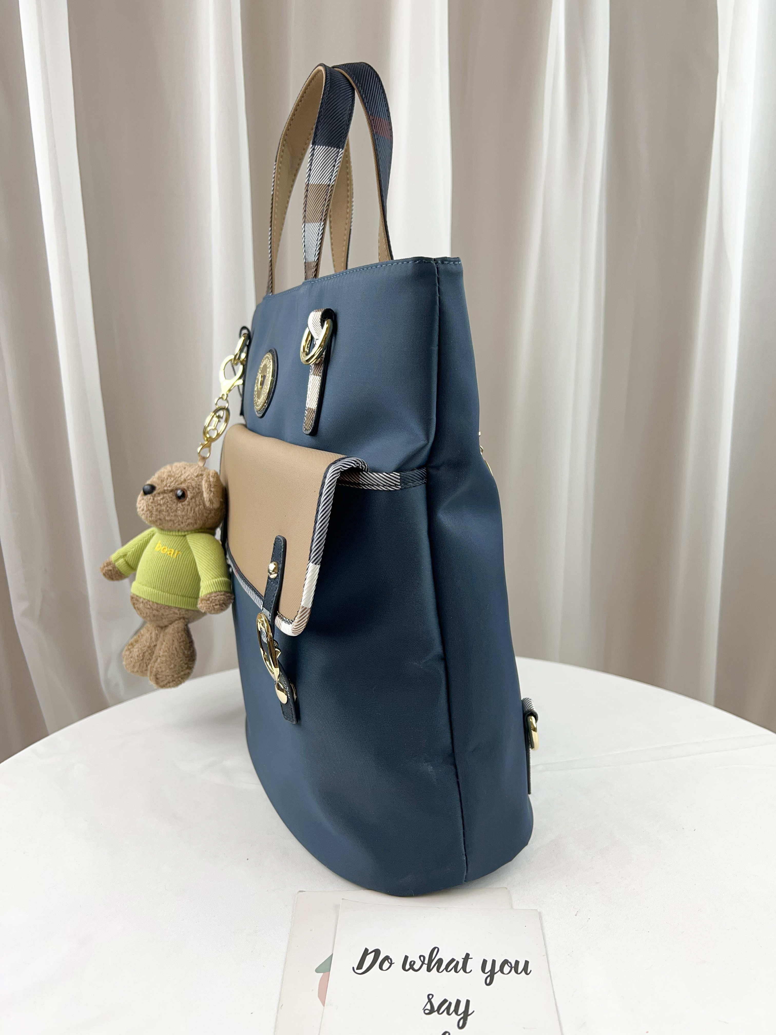 FamilyBear 卡其拼接土耳其藍 防潑水手提包 / 側背包 / 後背包 附小熊吊飾  #2610