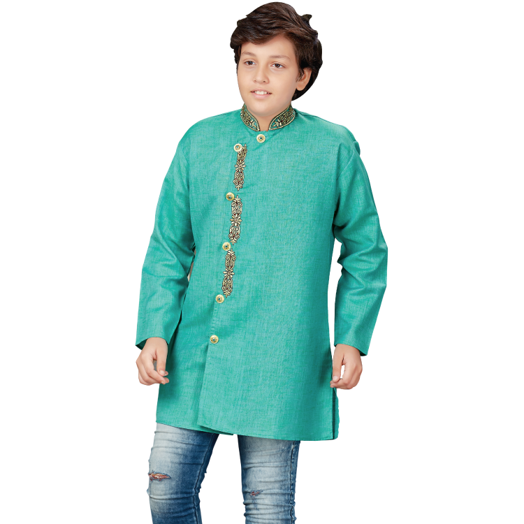Boy Green Comfy cotton Easy Care Side Button Long Sleeve Kurta Top Jippa Q1284