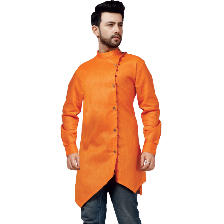 Men Orange Raw Silk Look Side Button Long Sleeves Kurta Top Jippa Q1286