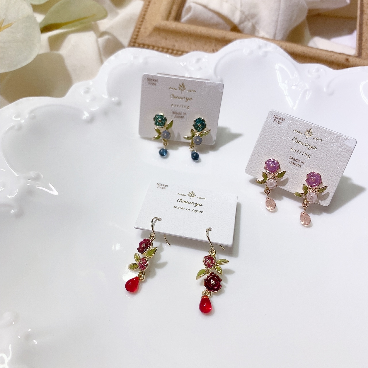 [日本制]玫瑰晶石耳環